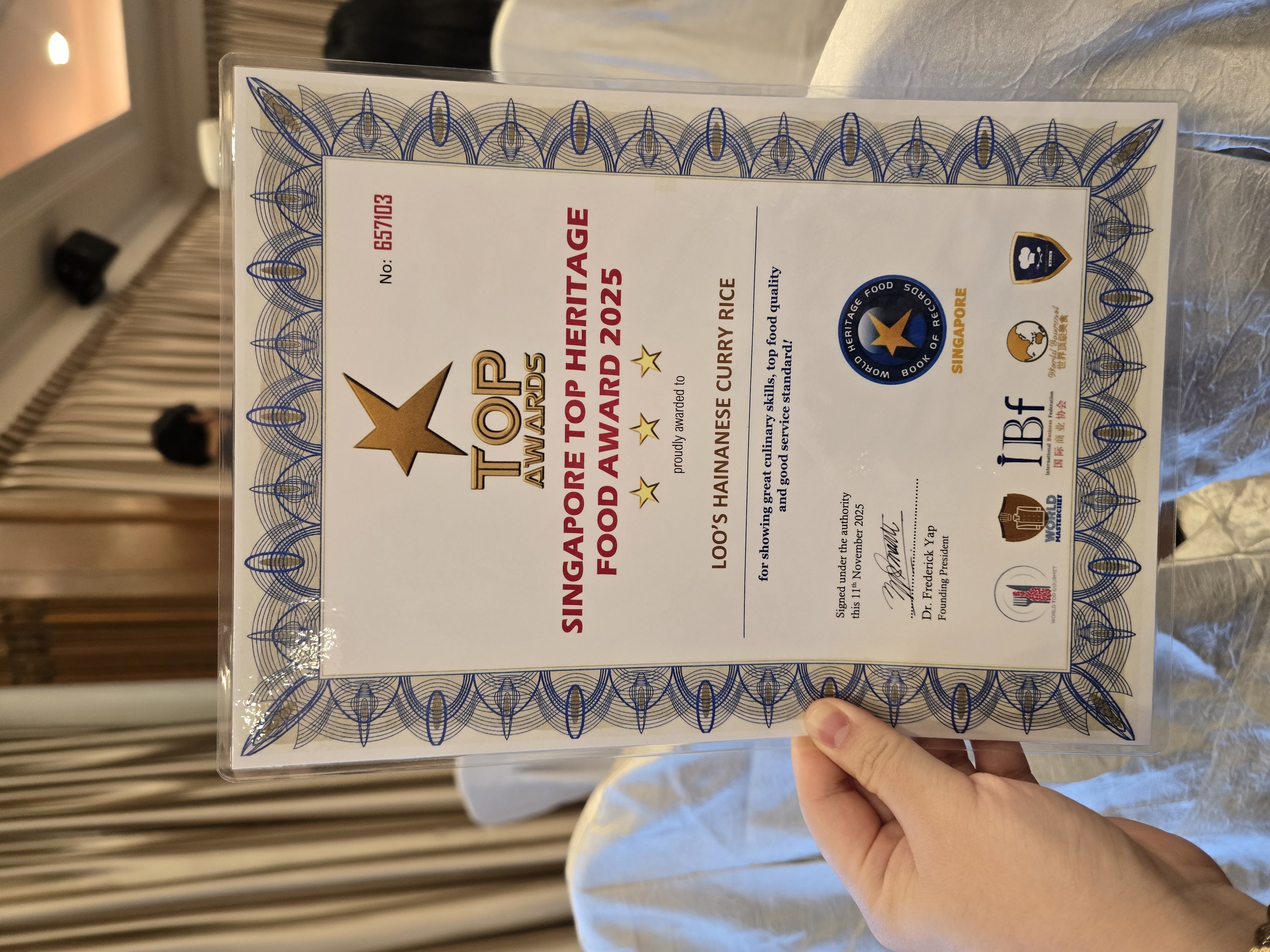 Singapore Top Heritage Food Award 2025 certificate
